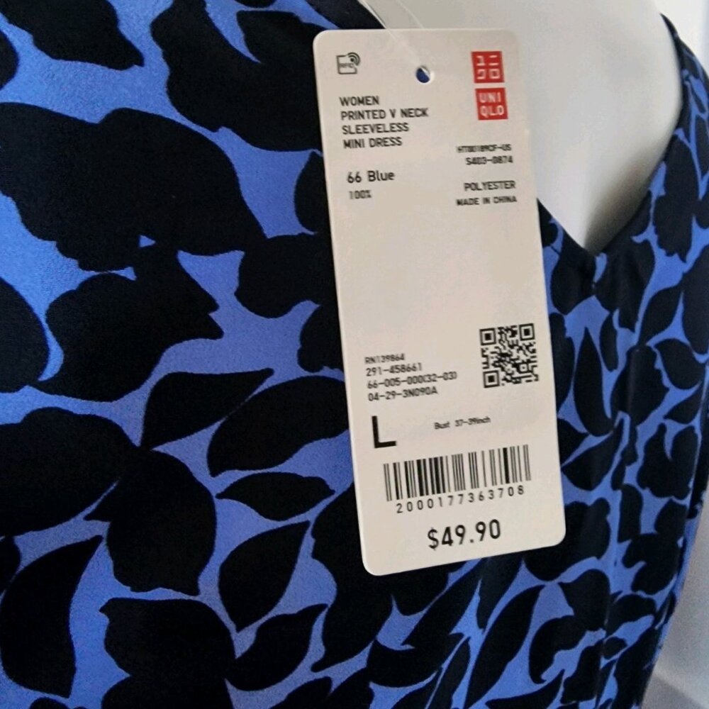 Uniqlo Dress Womens Size L Large Blue Printed V Neck Sleeveless Mini NWT New‎ - Picture 6 of 8